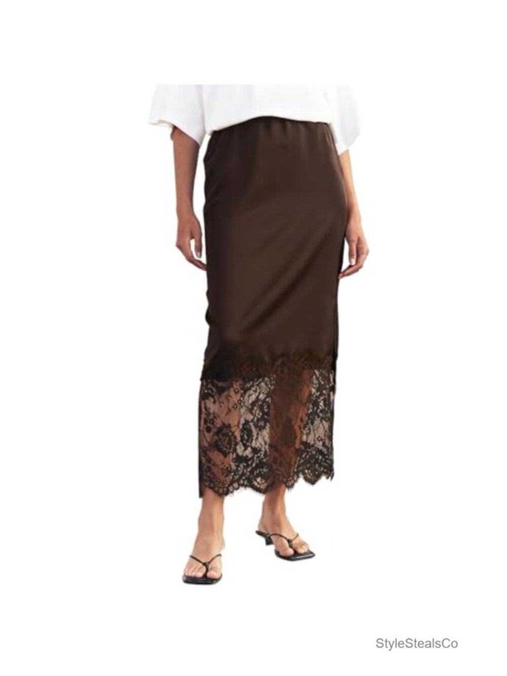 Satin Lace Trim Maxi Skirt A-Line Elastic Waist Side Zip Long Skirt